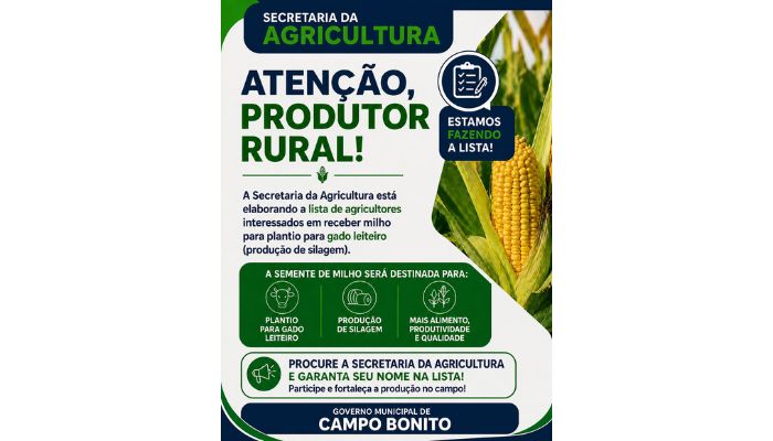Campo Bonito - Secretaria de Agricultura realiza lista de interessados para recebimento de sementes de milho